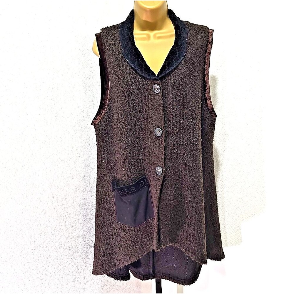 Staley Gretzinger Brown Long Cardigan Vest L Velvet Trim Artsy Lagenlook 80s USA